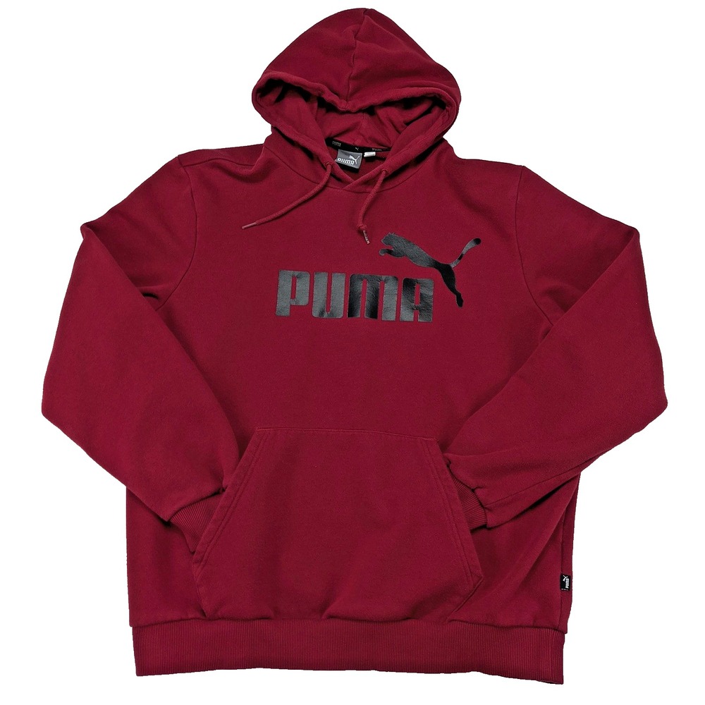 Puma Mens XL Hoodie Burgundy Maroon Pullover Black Big Logo Graphic Fleece Sweat